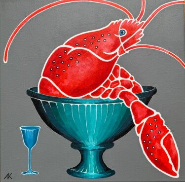 Pintura intitulada "A lone lobster #1 (…" por Natalia Kludt, Obras de arte originais, Acrílico Montado em Armação em madeira