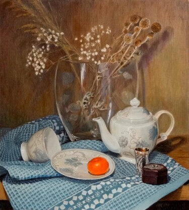 Painting titled "Still life with Tea…" by Natalia Korbukh, Original Artwork, Oil