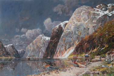 Painting titled "Great Fjord Landsca…" by Natalia Korbukh, Original Artwork, Oil