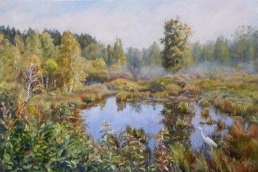 Painting titled "Forest Lake" by Natalia Korbukh, Original Artwork, Oil