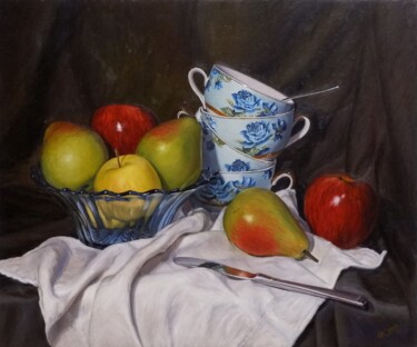 Painting titled "Still Life with Blu…" by Natalia Korbukh, Original Artwork, Oil