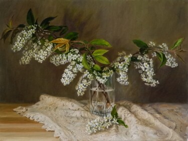 Painting titled "Bird Cherry in a Gl…" by Natalia Korbukh, Original Artwork, Oil