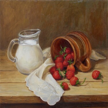 Painting titled "Strawberry with milk" by Natalia Korbukh, Original Artwork, Oil