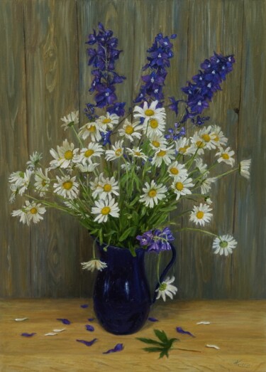 Painting titled "Chamomile Flowers" by Natalia Korbukh, Original Artwork, Oil