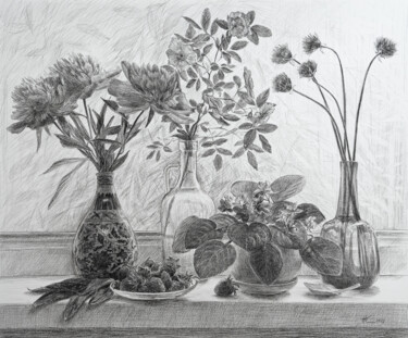 Dibujo titulada "Flowers on the Wind…" por Natalia Korbukh, Obra de arte original, Carbón
