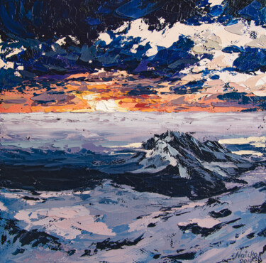 Painting titled "SNOWY SUNSET" by Natalia Korneeva, Original Artwork, Oil