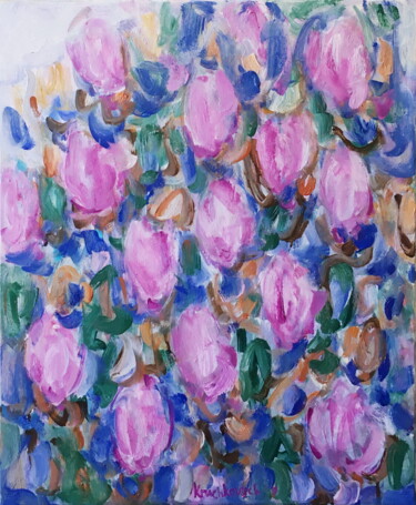 「Pink Magnolia」というタイトルの絵画 Natalia Kruchkevychによって, オリジナルのアートワーク, オイル ウッドストレッチャーフレームにマウント