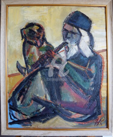 Картина под названием "Монах с собакой" - Natalia Kucherenko, Подлинное произведение искусства, Масло