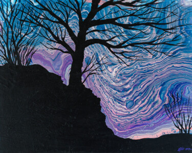 Peinture intitulée "Дерево на горе. Зак…" par Natalia Kurmaeva, Œuvre d'art originale, Acrylique