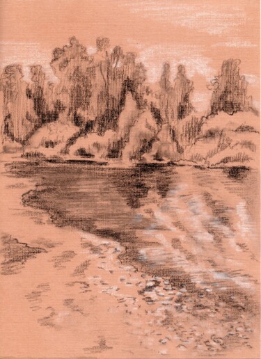 Рисунок под названием "Лес у воды" - Natalia Kurmaeva, Подлинное произведение искусства, Древесный уголь