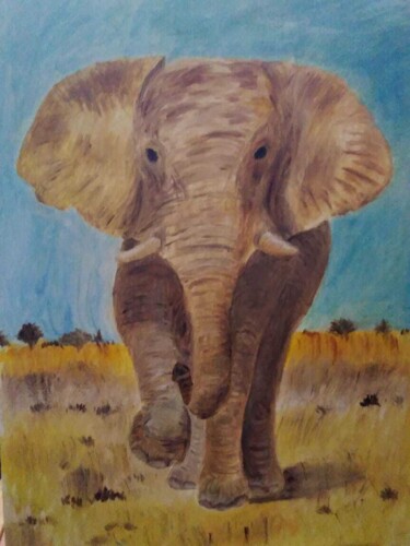 Painting titled "Слон" by Nataliia Kuropiatnikova, Original Artwork, Oil Mounted on Cardboard