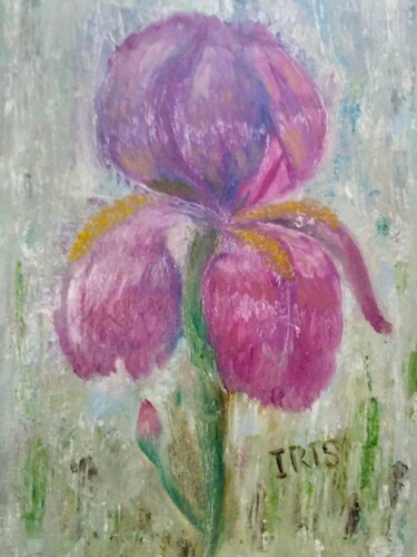 Painting titled "Purple Iris" by Nataliia Kuropiatnikova, Original Artwork, Oil Mounted on Wood Stretcher frame