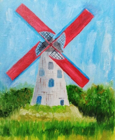 Картина под названием "Красная мельница" - Наталия Куропятникова, Подлинное произведение искусства, Масло Установлен на карт…