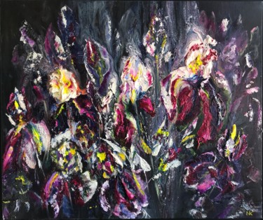 Картина под названием "Burgundy Irises" - Natalia Kutova, Подлинное произведение искусства, Акрил Установлен на Деревянная р…