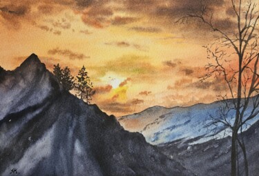 Painting titled "Sunset in the mount…" by Natalia Kuznetsova, Original Artwork, Watercolor