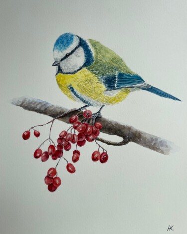 Schilderij getiteld "Titmouse on a rowan…" door Natalia Kuznetsova, Origineel Kunstwerk, Aquarel