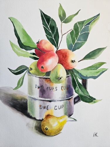 Painting titled "Still life with pea…" by Natalia Kuznetsova, Original Artwork, Watercolor