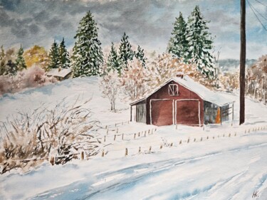 Painting titled "Winter village" by Natalia Kuznetsova, Original Artwork, Watercolor