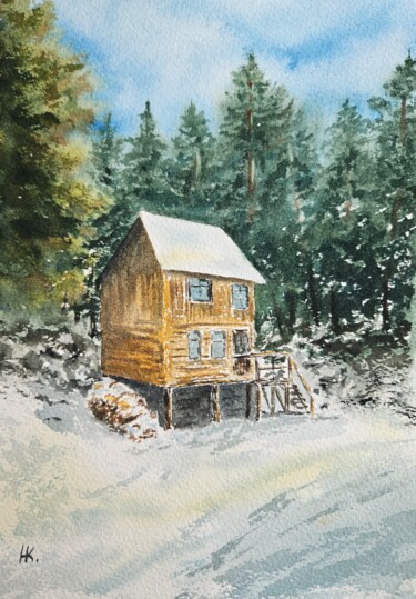 Malarstwo zatytułowany „Winter house” autorstwa Natalia Kuznetsova, Oryginalna praca, Akwarela