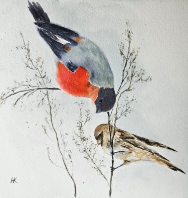 Painting titled "Bullfinch and redpo…" by Natalia Kuznetsova, Original Artwork, Watercolor