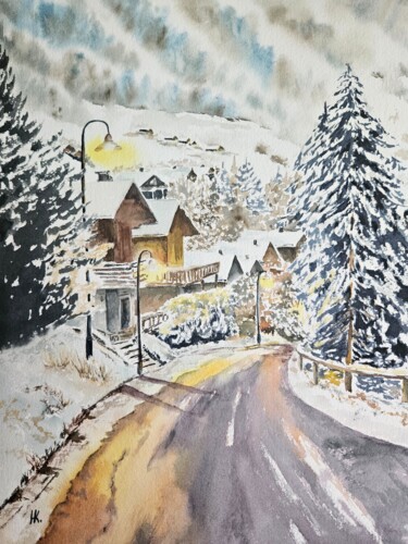 Painting titled "Road to the mountai…" by Natalia Kuznetsova, Original Artwork, Watercolor