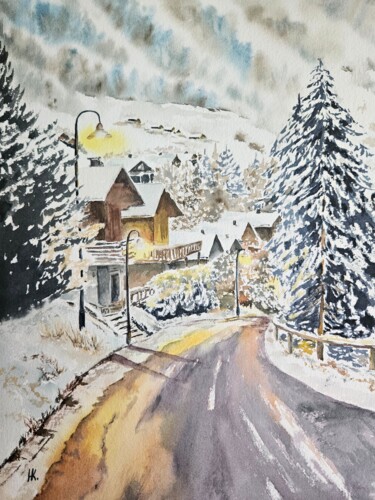 Peinture intitulée "Road to the mountai…" par Natalia Kuznetsova, Œuvre d'art originale, Aquarelle