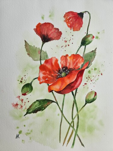 Peinture intitulée "Red poppies" par Natalia Kuznetsova, Œuvre d'art originale, Aquarelle