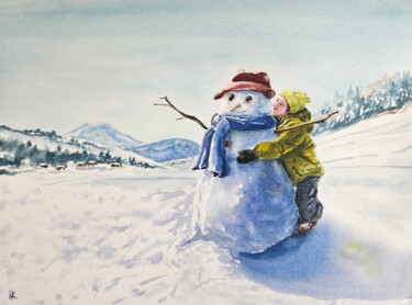 Painting titled "Snowmen" by Natalia Kuznetsova, Original Artwork, Watercolor