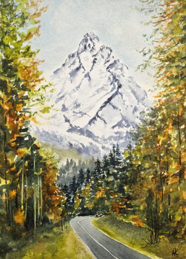 Painting titled "Road to Dombay" by Natalia Kuznetsova, Original Artwork, Watercolor