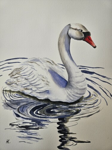 Ζωγραφική με τίτλο "White swan" από Natalia Kuznetsova, Αυθεντικά έργα τέχνης, Ακουαρέλα