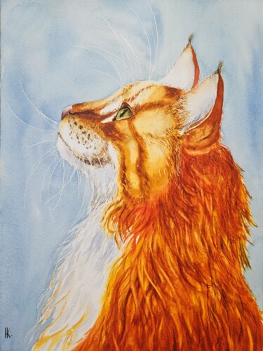 Painting titled "Red cat. Portrait" by Natalia Kuznetsova, Original Artwork, Watercolor