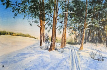 Peinture intitulée "Sunny day in a pine…" par Natalia Kuznetsova, Œuvre d'art originale, Aquarelle