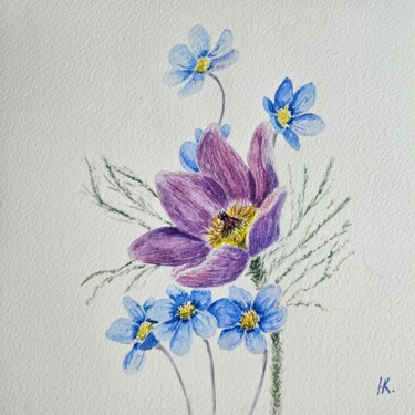 Schilderij getiteld "Pulsatilla and hepa…" door Natalia Kuznetsova, Origineel Kunstwerk, Aquarel