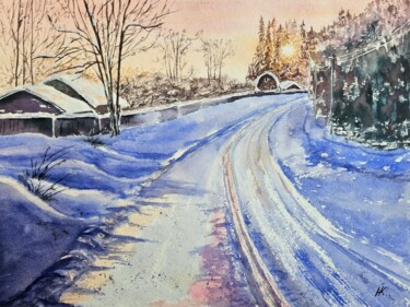 Pintura intitulada "Winter village #2" por Natalia Kuznetsova, Obras de arte originais, Aquarela