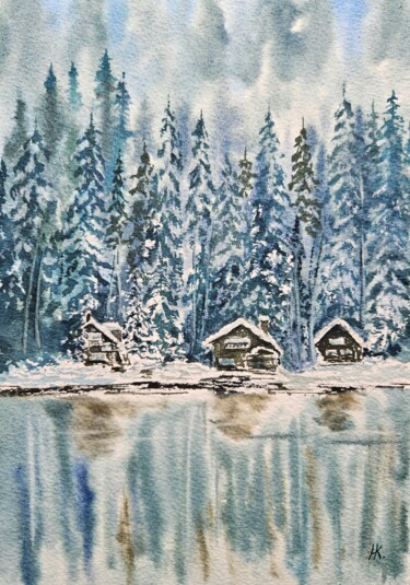 Malerei mit dem Titel "By the winter lake" von Natalia Kuznetsova, Original-Kunstwerk, Aquarell