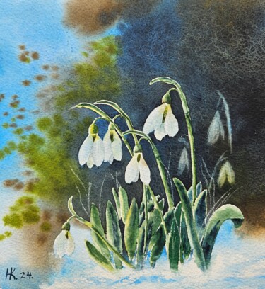Painting titled "Snowdrops#2" by Natalia Kuznetsova, Original Artwork, Watercolor
