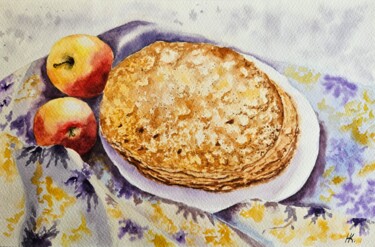 Malerei mit dem Titel "Pancakes" von Natalia Kuznetsova, Original-Kunstwerk, Aquarell
