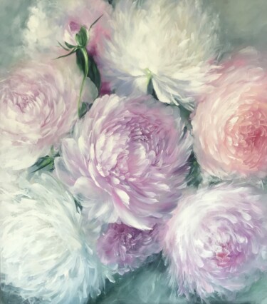 Painting titled "peonies" by Natalia Mariamova, Original Artwork, Oil Mounted on Wood Stretcher frame