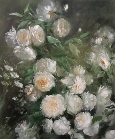 Картина под названием "Белые розы" - Наталья Марьямова, Подлинное произведение искусства, Масло