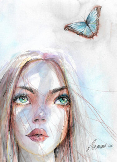 Peinture intitulée "butterfly hunting" par Natalia Mariamova, Œuvre d'art originale, Aquarelle