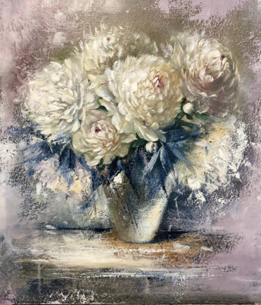 Painting titled "pivoines blanches" by Natalia Mariamova, Original Artwork, Oil