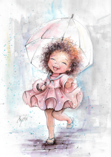 Desenho intitulada "dance in the rain" por Natalia Mariamova, Obras de arte originais, Aquarela