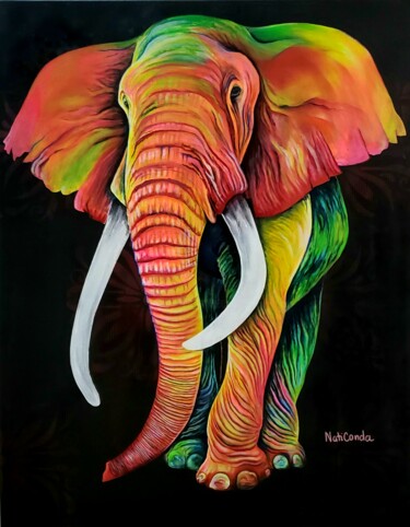 Painting titled "Elefante neón" by Natalia Martinez (NatiConda ART), Original Artwork, Acrylic Mounted on Wood Stretcher fra…
