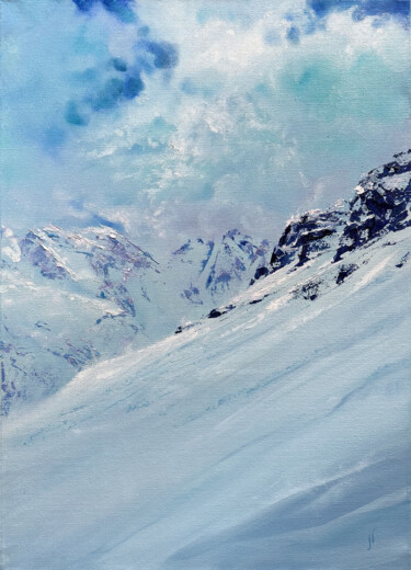 Painting titled "Snow Mountains Wint…" by Natalia Mikhaylina, Original Artwork, Oil Mounted on Wood Stretcher frame