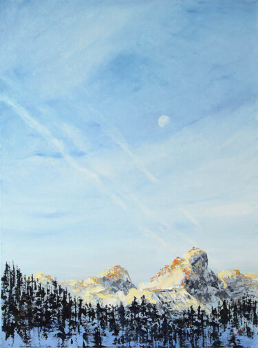 Painting titled "Snow Moon" by Natalia Mikhaylina, Original Artwork, Oil Mounted on Wood Stretcher frame