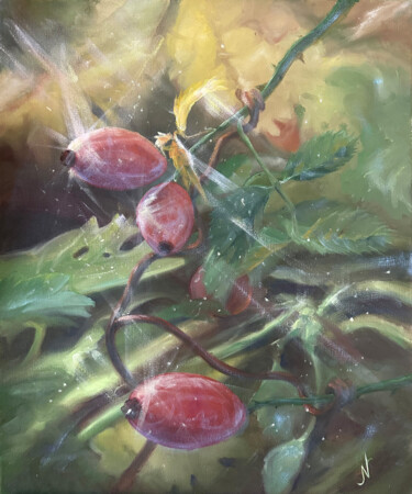 Painting titled "Rosehip" by Natalia Mikhaylina, Original Artwork, Oil Mounted on Wood Stretcher frame
