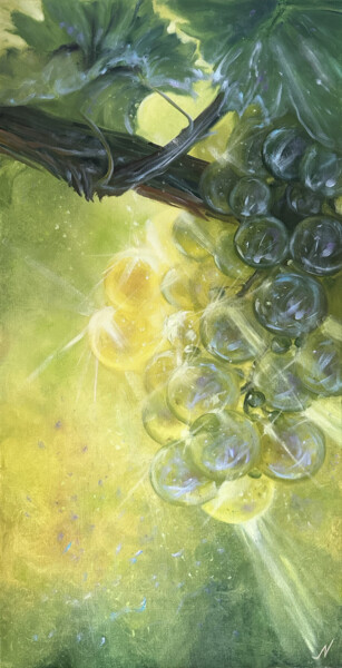 Painting titled "Green Grape" by Natalia Mikhaylina, Original Artwork, Oil Mounted on Wood Panel