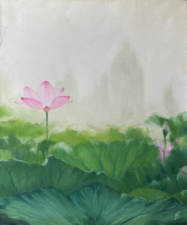 Painting titled "Lotus" by Natalia Mikhaylina, Original Artwork, Oil Mounted on Wood Stretcher frame