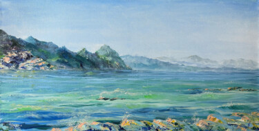 Painting titled "Sea coast of wild a…" by Natalia Mikhaylina, Original Artwork, Oil Mounted on Wood Stretcher frame