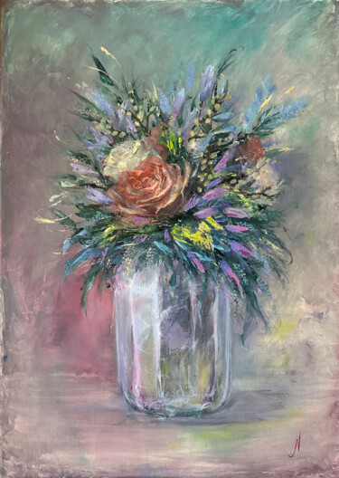 Картина под названием "Bouquet with rose" - Natalia Mikhaylina, Подлинное произведение искусства, Масло